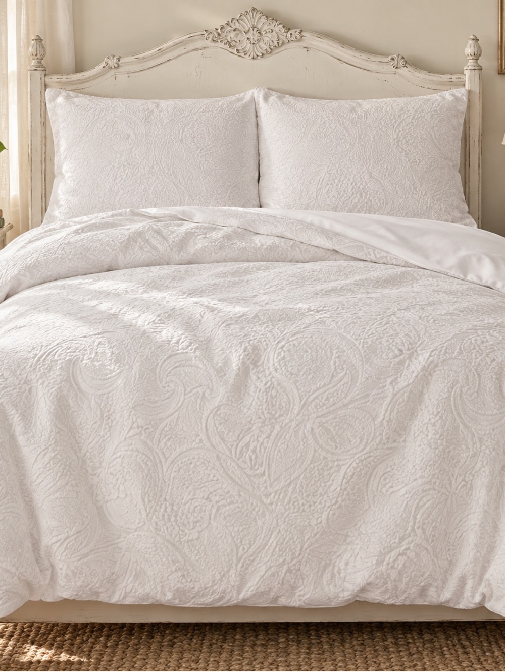 Wamsutta King White Cotton Raised Paisley Duvet Cover Button Closure